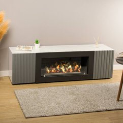 Тумба под ТВ с биокамином SteelHeat LIVORNO IMPULSE 140 см (корпус белый / фасады гротто гранит)