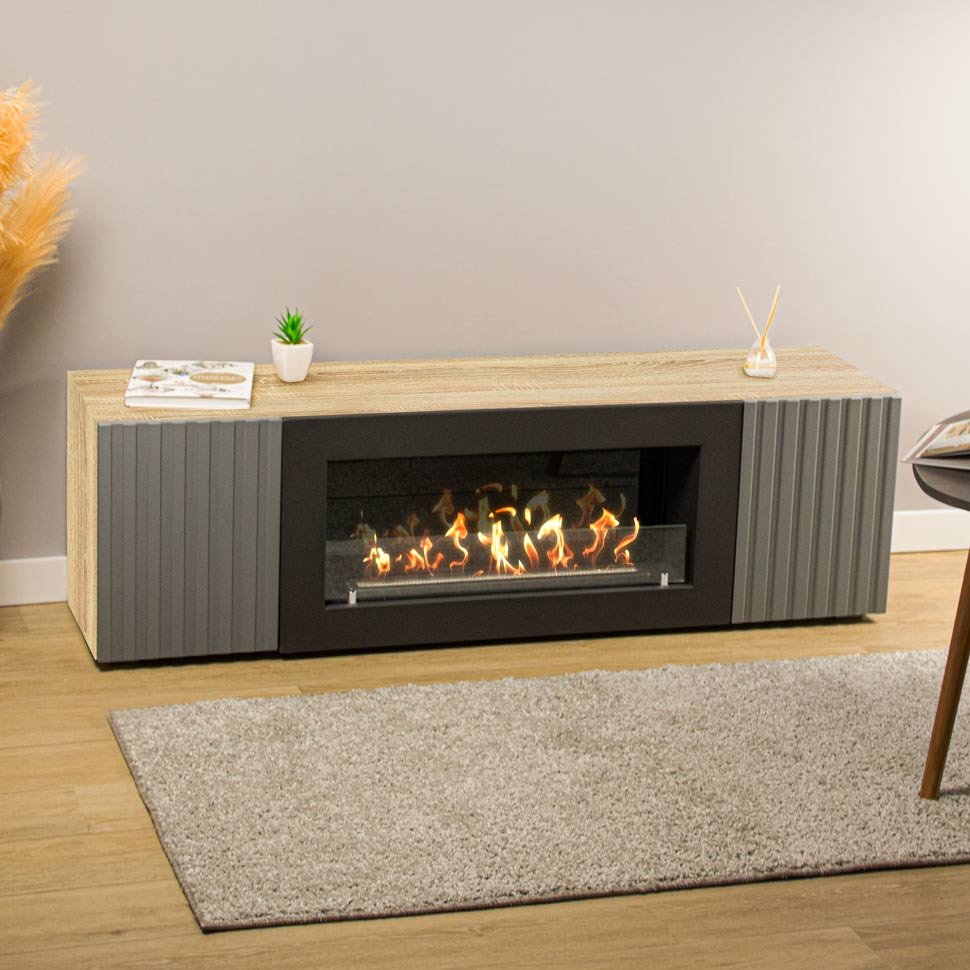 Тумба под ТВ с биокамином SteelHeat LIVORNO IMPULSE 140 см (корпус дуб Сонома / фасады Гротто Гранит)
